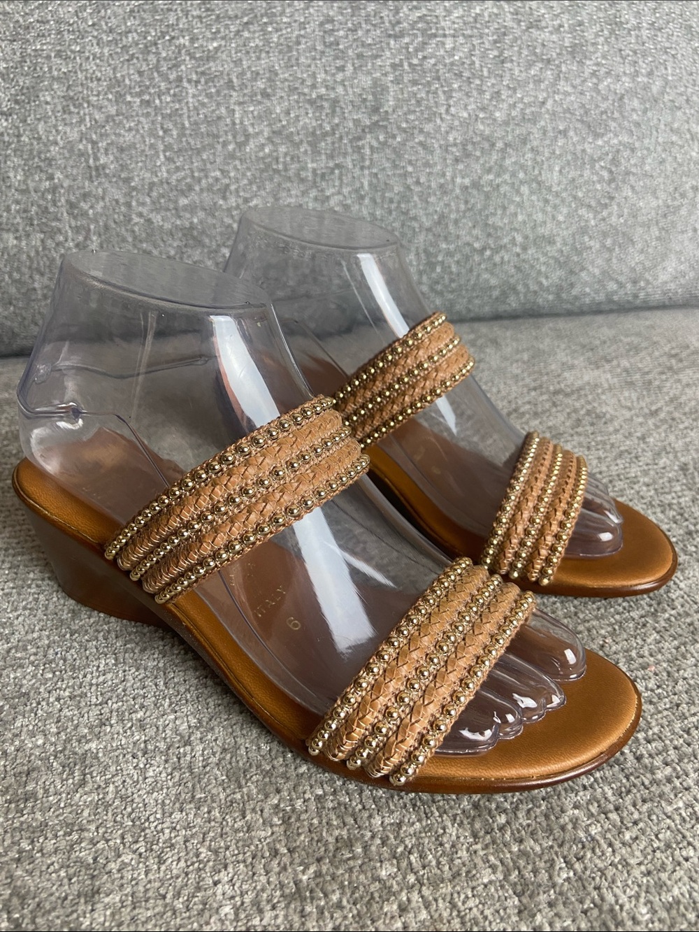 Italian Shoemakers Beaded Bronze-Tan Wedge Sandals size 6